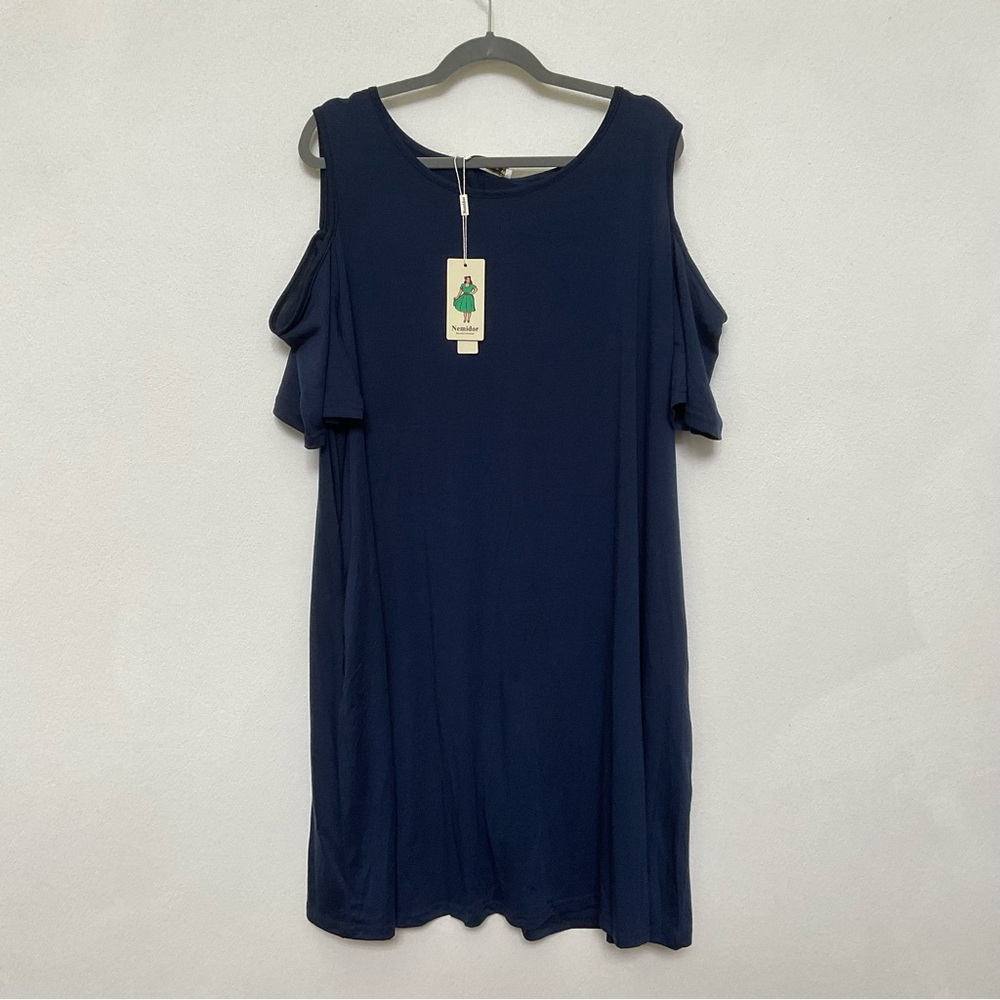 NWT Nemidor Navy Blue Cold Shoulder  Pocket Dress Size 24 Soft Stretchy